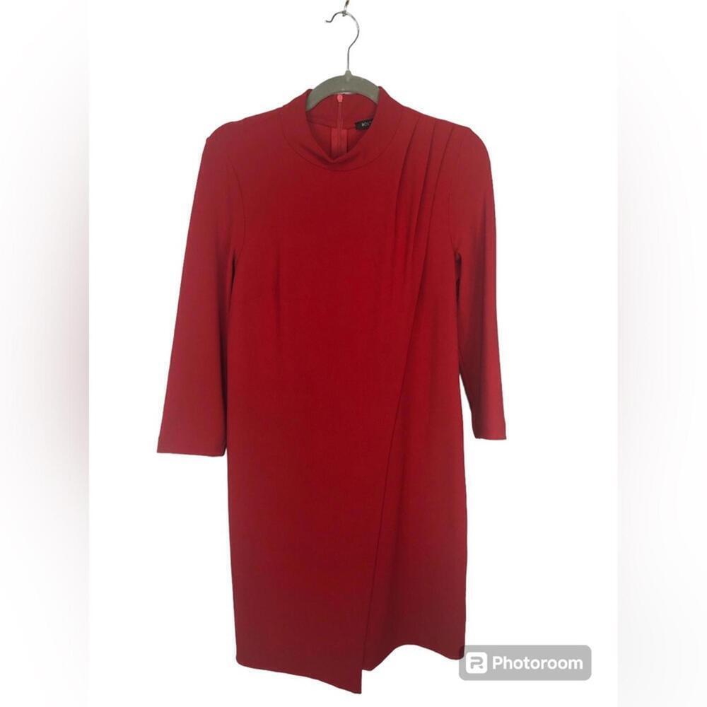 Boston Proper Red Dress 3/4 Sleeve Asymmetrical Ruching Drape From Shoulder